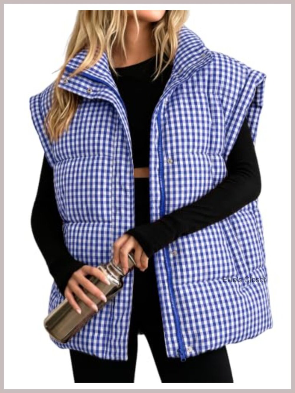 Women's Oversized Puffer Vest Gingham Sleeveless Zip Jacket